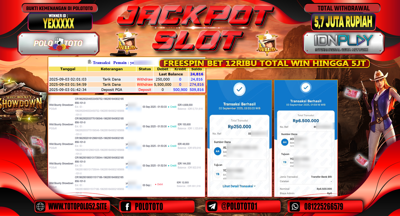POLOTOTO JACKPOT SLOT WILD BOUNTY SHOWDOWN Rp.5.750.000,-