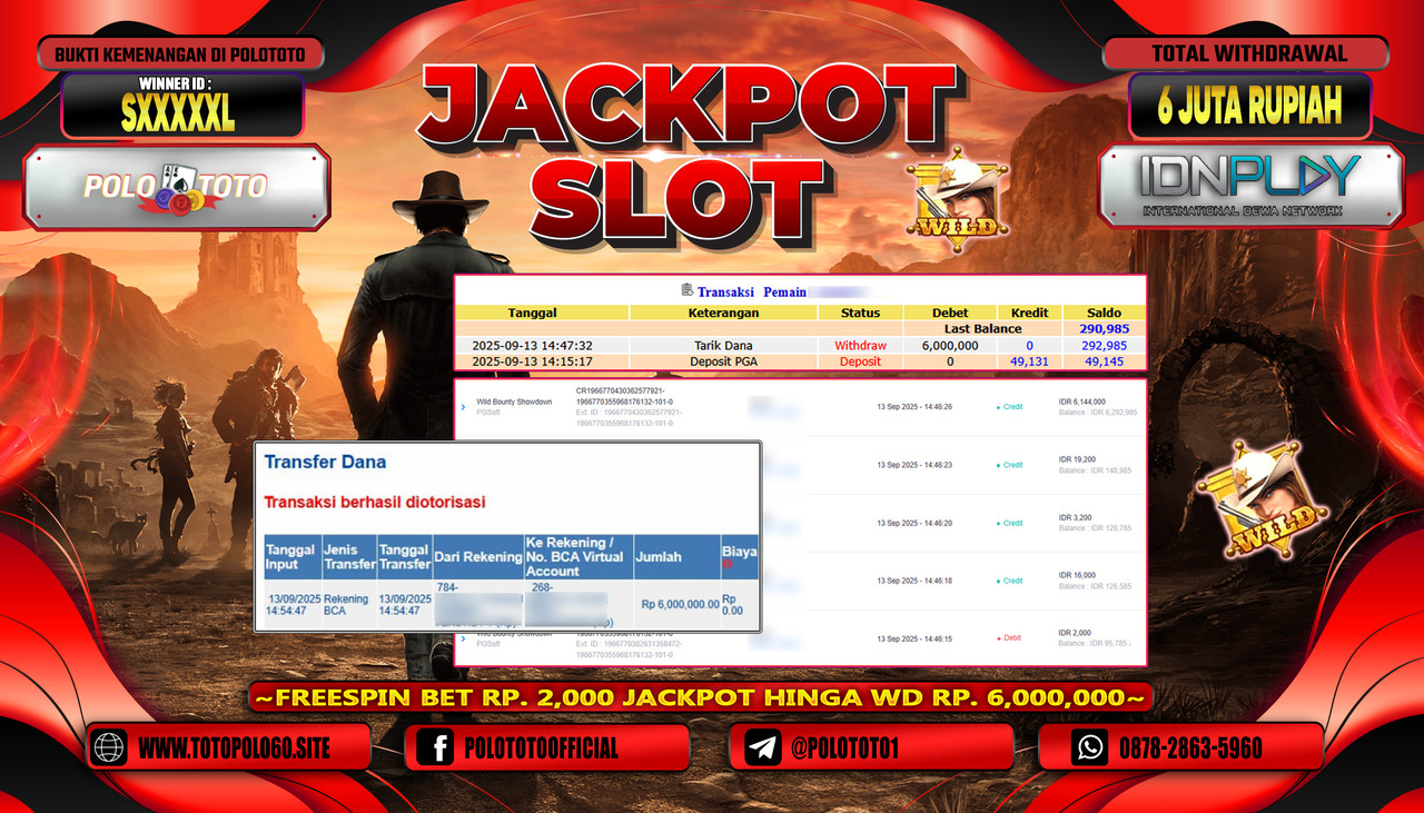 POLOTOTO JACKPOT SLOT WILD BOUNTY SHOWDOWN Rp.6.000.000,-LUNAS