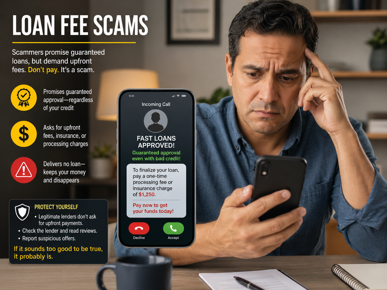 Loan fee scam phone call demanding insurance or processing charges before loan release