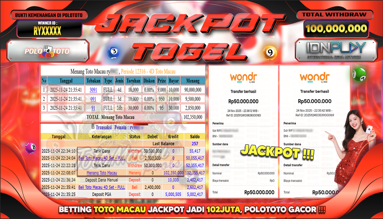 POLOTOTO JACKPOT TOGEL MENANG TOTO MACAU Rp.100.000.000,- LUNAS