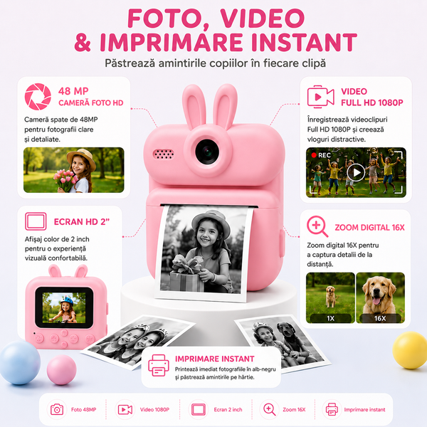 Aparat foto copii roz Twinkle Twins funcții foto video
