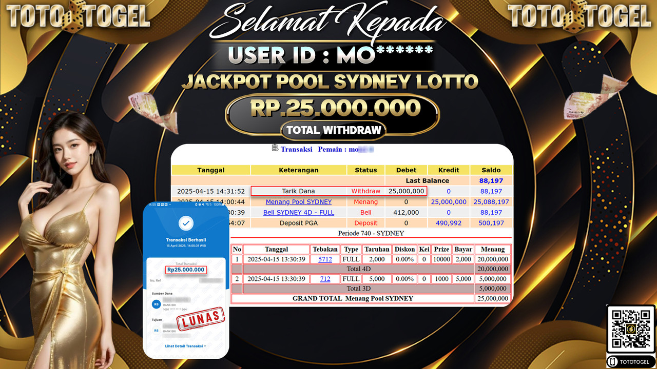Bukti Pembayaran Jackpot  Permainan Togel Pool Sydney Lotto ID:MO****** LUNAS