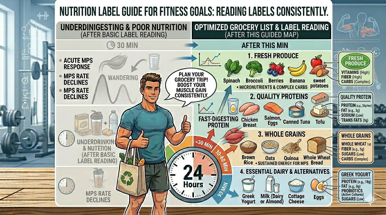 Nutrition label guide infographic showing how to read food labels for fitness goals including calories, macros, serving size