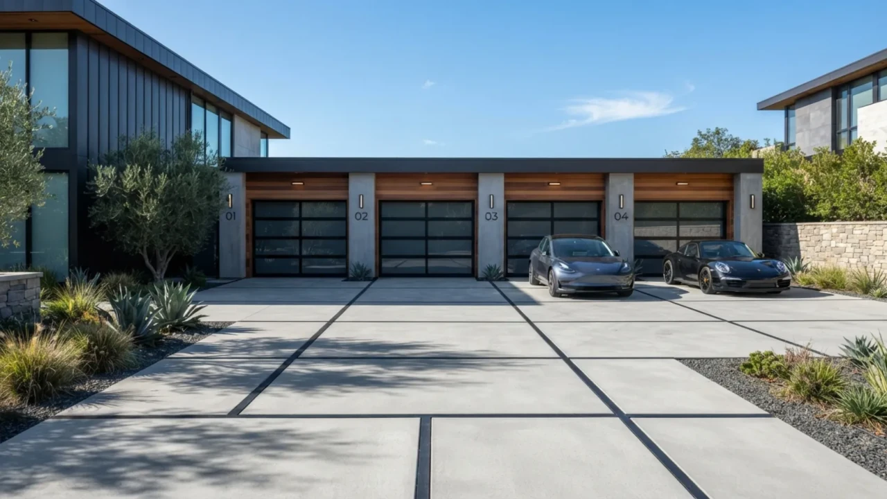 Row of modern garages with clean geometric concrete driveway paneling