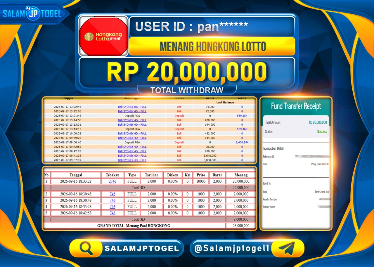 SALAMJPTOGEL JACKPOT MENANG TOGEL HONGKONG LOTTO Rp.20,000,000 - LUNAS