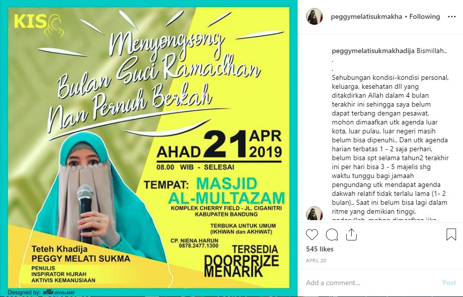 Unggahan di instagram Peggy Melati Sukma