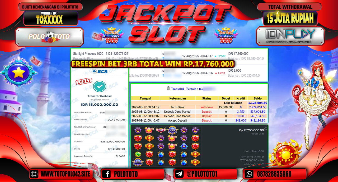 POLOTOTO JACKPOT SLOT STARLIGHT PRINCESS 1000 Rp.15.000.000,-LUNAS