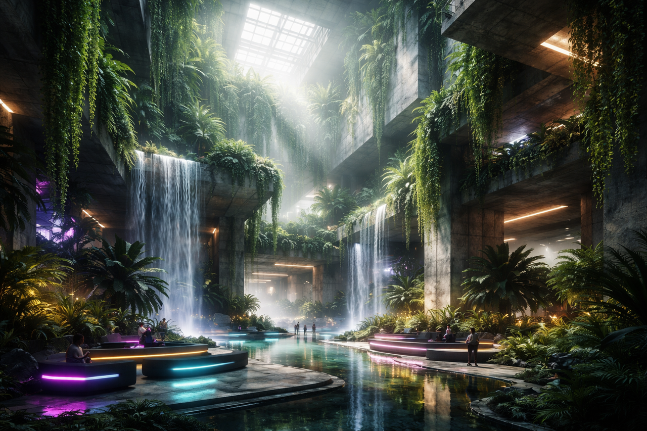 Tropical atrium concept featuring a central waterfall.