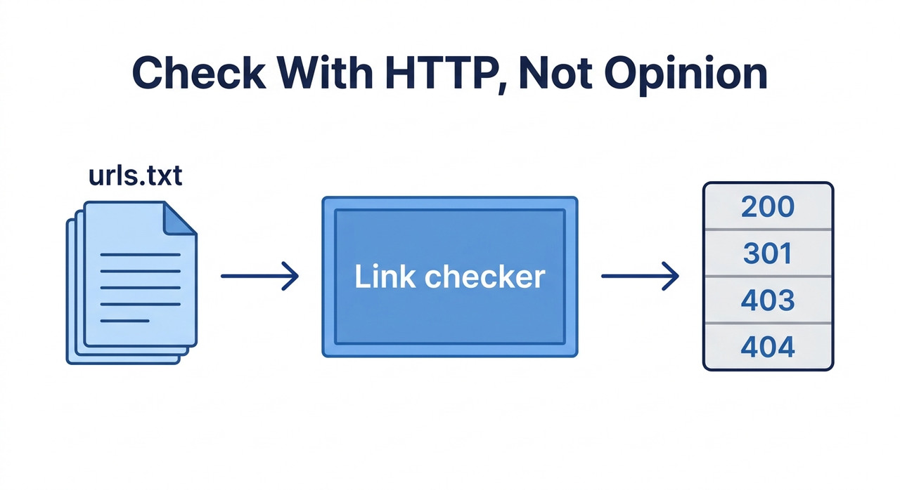 Verify Working URLs When AI Calls Them Nonexistent (2026) 2 Pipeline from a urls.txt file through a link checker to a table of HTTP status codes 200, 301, 403 and 404