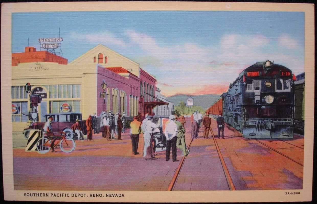A vintage postcard of the Southern Pacific Train Depot, Reno, Nevada