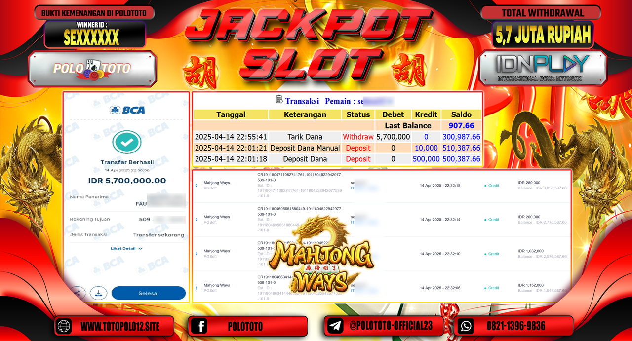 POLOTOTO JACKPOT SLOT MAHJONG WAYS Rp.5.700.000,- LUNAS