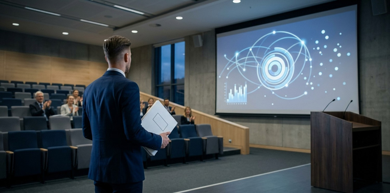 a student in a business suit, standing with back to the viewer
