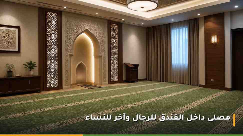 قاعة صلاة داخل فندق جولدن توليب مكة مفروشة بسجاد أخضر