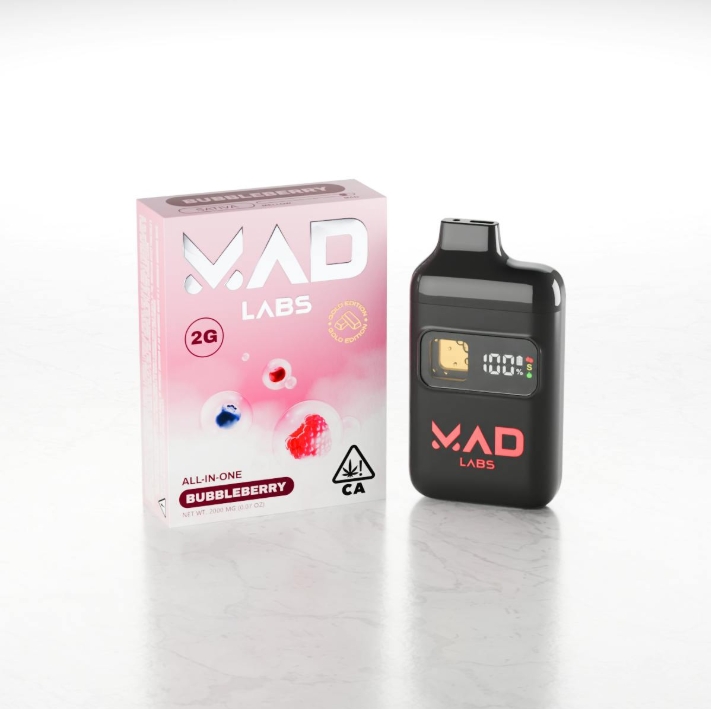 Mad Labs 2G Vapes THC disposable vape pen with strong potency, smooth airflow, and strain-specific flavors like Z Skittles, Blushcotti, Kushlato, Fruity Cereal, Strawberry Cheesecake, and Grapefruit Zlushie.