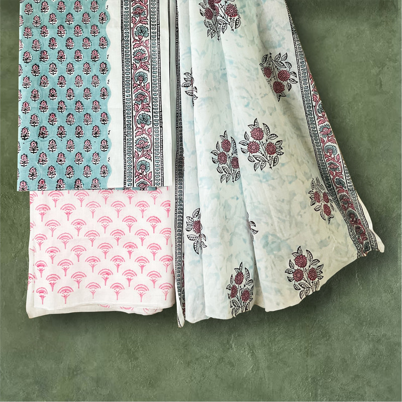 Elegant Blue & Pink Hand Block Printed Cotton Dress Material