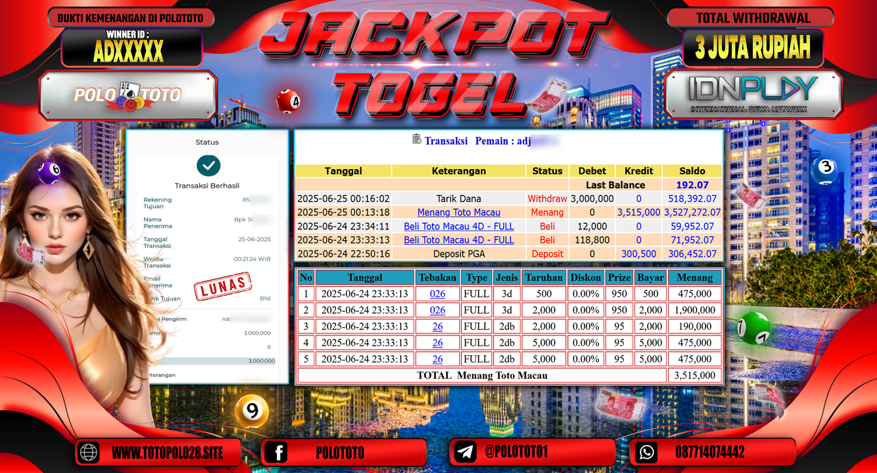 POLOTOTO JACKPOT TOGEL TOTO MACAU Rp.3.000.000,-