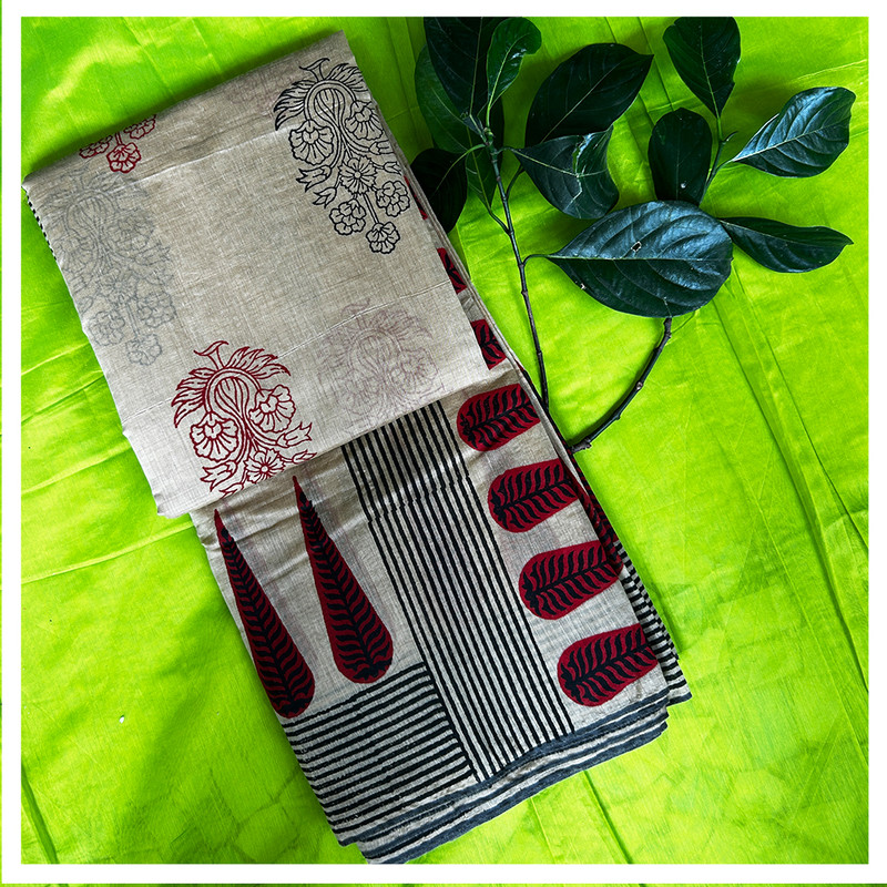 Hand Block Printed Muesli Beige Saree with Stripped Border and Floral Motifs