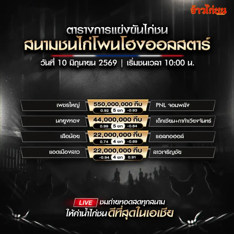 โปรแกรมไก่ชนสนามโพนโฮงออลสตาร์ วันที่ 10 มิถุนายน 2569