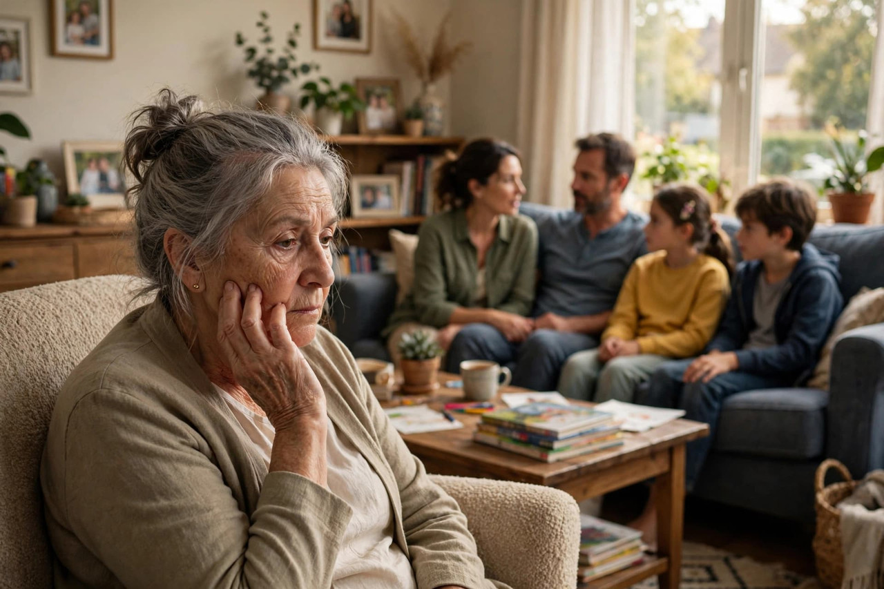 Elderly woman at family dinner feeling disconnected