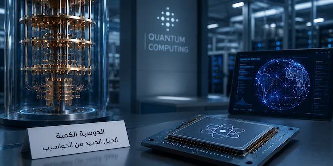 صورة توضيحية لمختبر حديث للحوسبة الكمية، حيث يظهر جهاز كمي معقد بهيكل ذهبي متعدد الطبقات، ورقاقة حاسوب كمي تحمل رمزاً ذرياً، وجهاز لوحي يعرض شبكة عالمية، مع لوحة تعريفية مكتوب عليها 