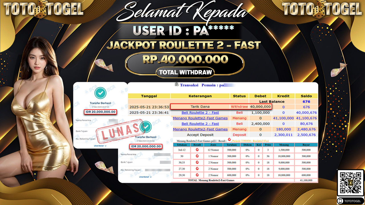 Bukti Pembayaran Jackpot Permainan Live Game Roulette 2 - Fast ID:PA***** LUNAS