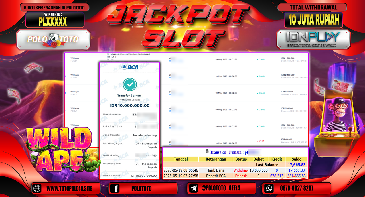 POLOTOTO JACKPOT SLOT WILD APE Rp.10.000.000,-