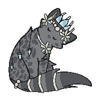 a simple image of Fuli, a broken charcol tabby, sitting with her head tilted to the side, eyes closed sleepily. she is wearing a silver spiked uncut diamond crown decorated with white lilies and a bead circlet, uncut diamond pendents, uncut diamond cuffs with silver cuffs around them, a white bead tail band and 3 silver rings around her tail. cat ID 280875