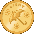 A golden pixel coin with the word LIGHT arched over the top of it displays an engraved umbrella and flowers on its face. It's very shiny.
