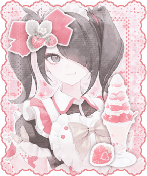 A graphic featuring Ame-chan in a maid outfit with images of strawberries and the like