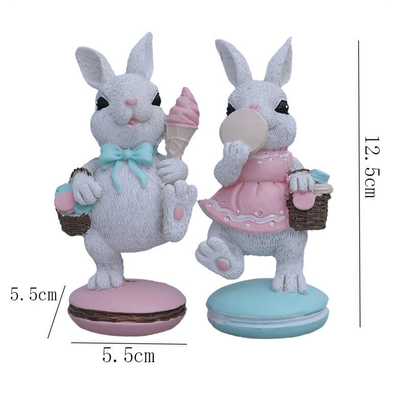 White Cute Resin Bunny Figurines Set of 2 in Pastel Colors for Home Office Desk or Shelf Decoration