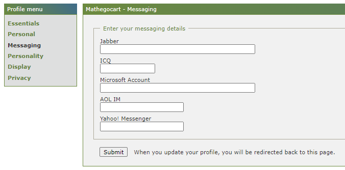 screenshot of MathIsFun Forum's Profile "Messaging" subsection options