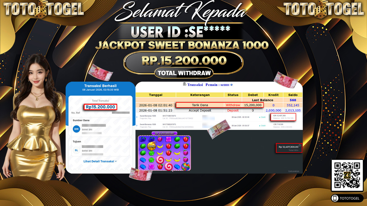 Bukti Pembayaran Jackpot Permainan Slot Sweet Bonanza 1000 ID:SE**** LUNAS