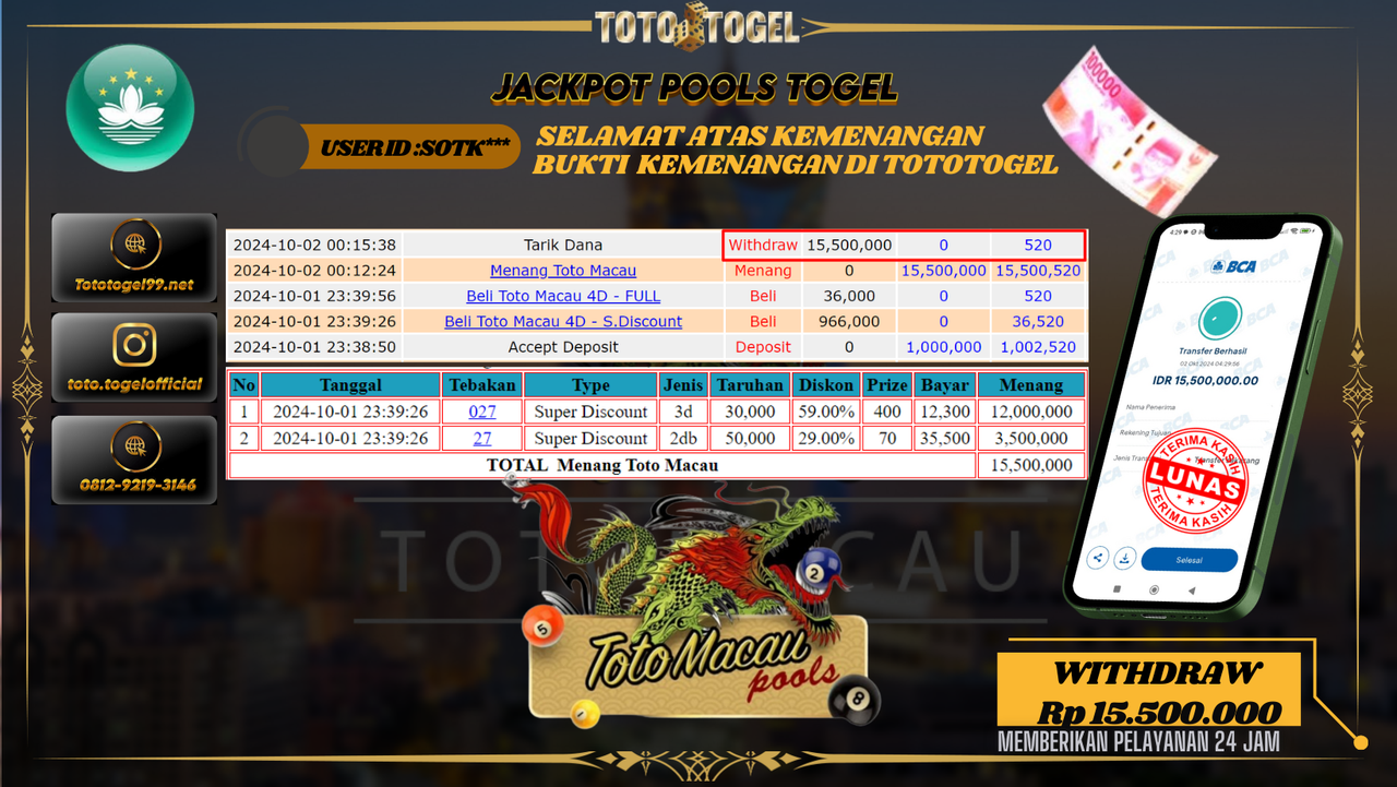Bukti Kemenangan Permainan Pools Togel Toto Macau 4D  ID : sotk** Terbayar Lunas!!