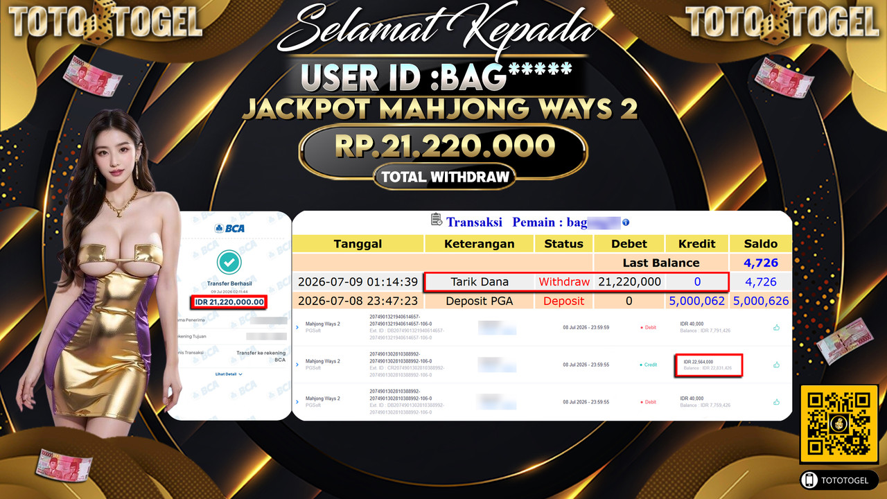 Bukti Pembayaran Jackpot Permainan Slot Mahjong Ways 2 ID:BAG*****LUNAS