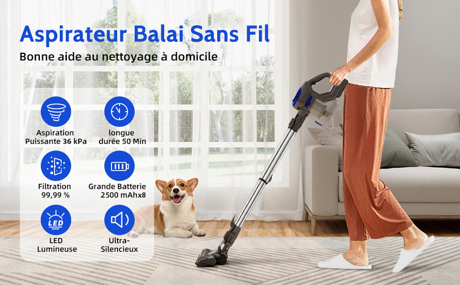 Aspirateur balai sans fil rechargeable 530W. 35 kPa. Aspirateur Puissant  Contrôlé par Ecran Tactile. avec LED