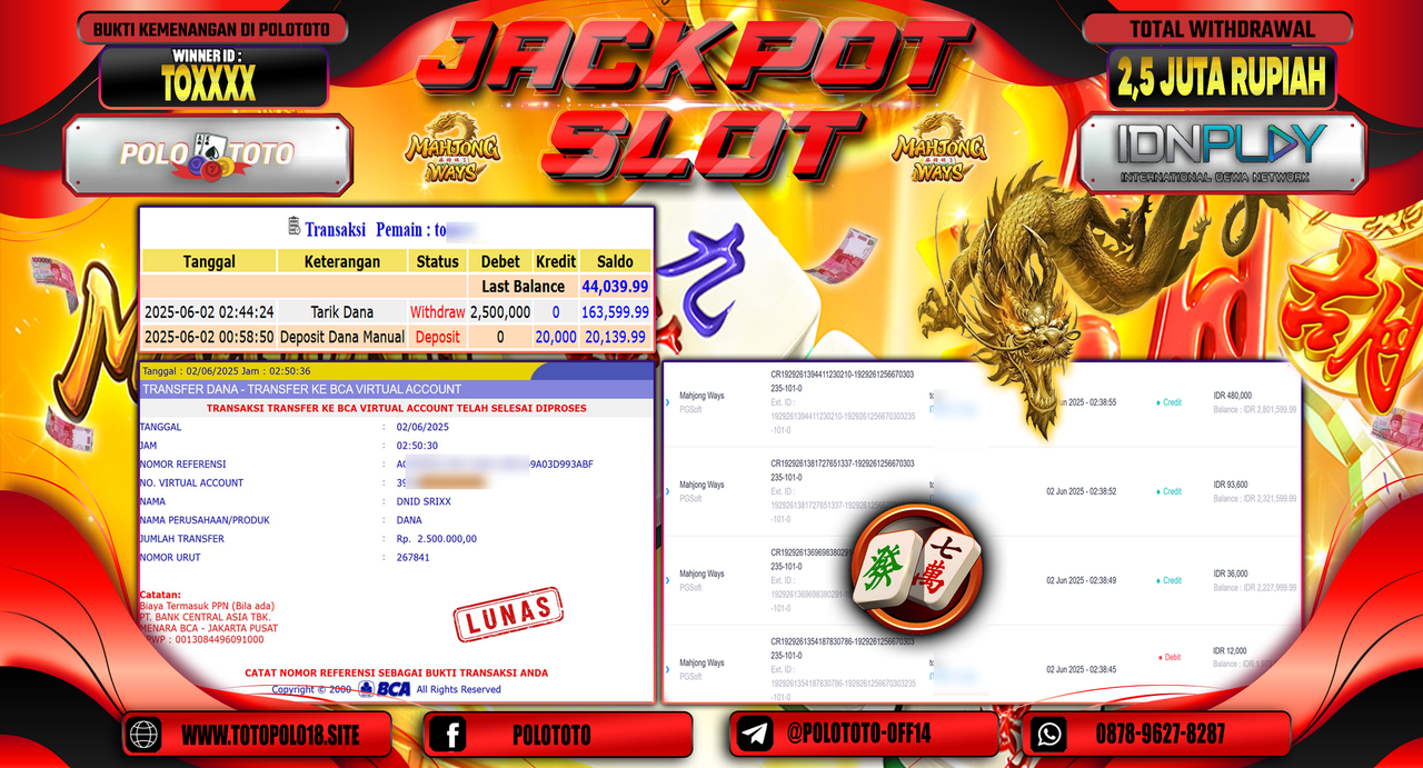 POLOTOTO JACKPOT SLOT MAHJONG WAYS Rp.2.500.000,-