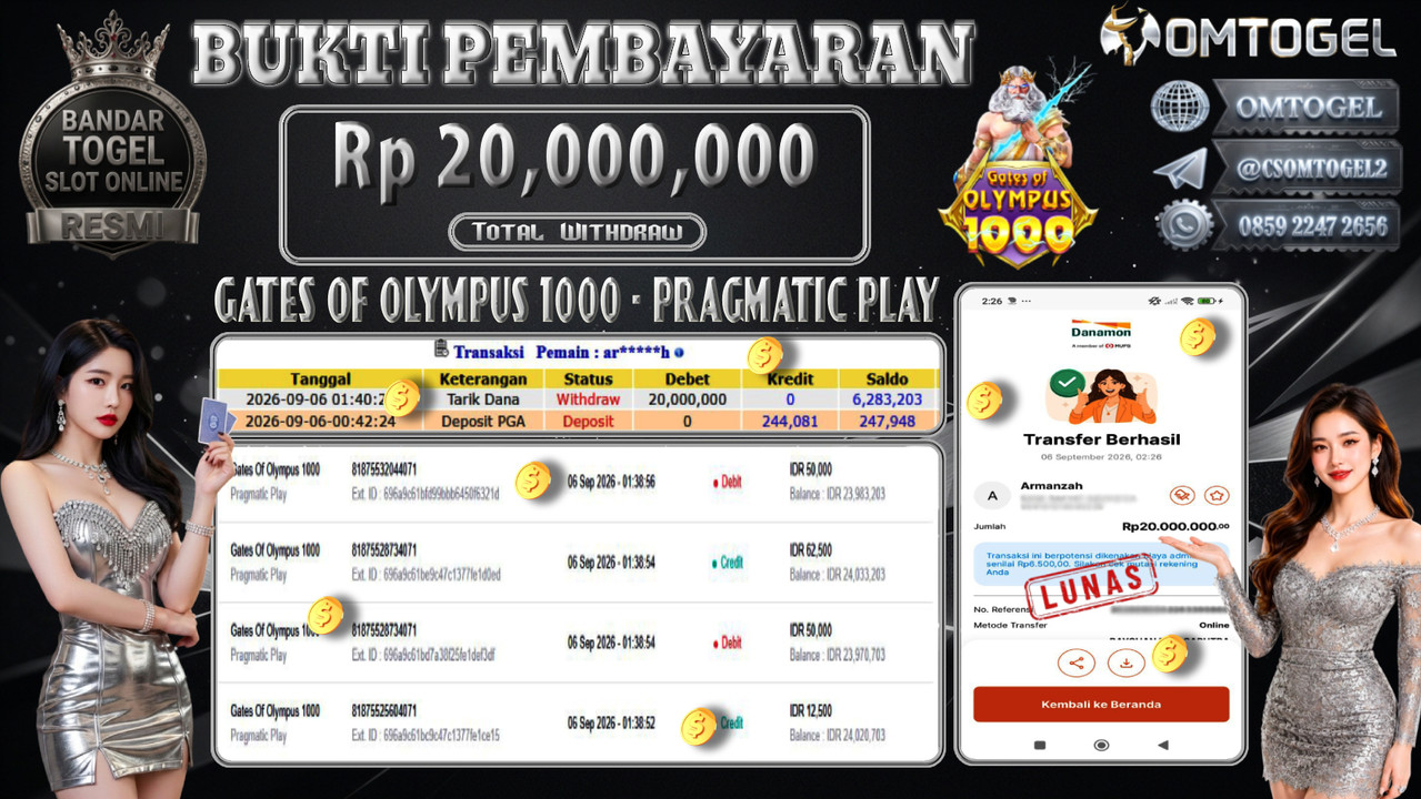OMTOGEL JACKPOT PRAGMATIC PLAY GATES OF OLYMPUS 1000 Rp.20,000,000,- DIBAYAR LUNAS