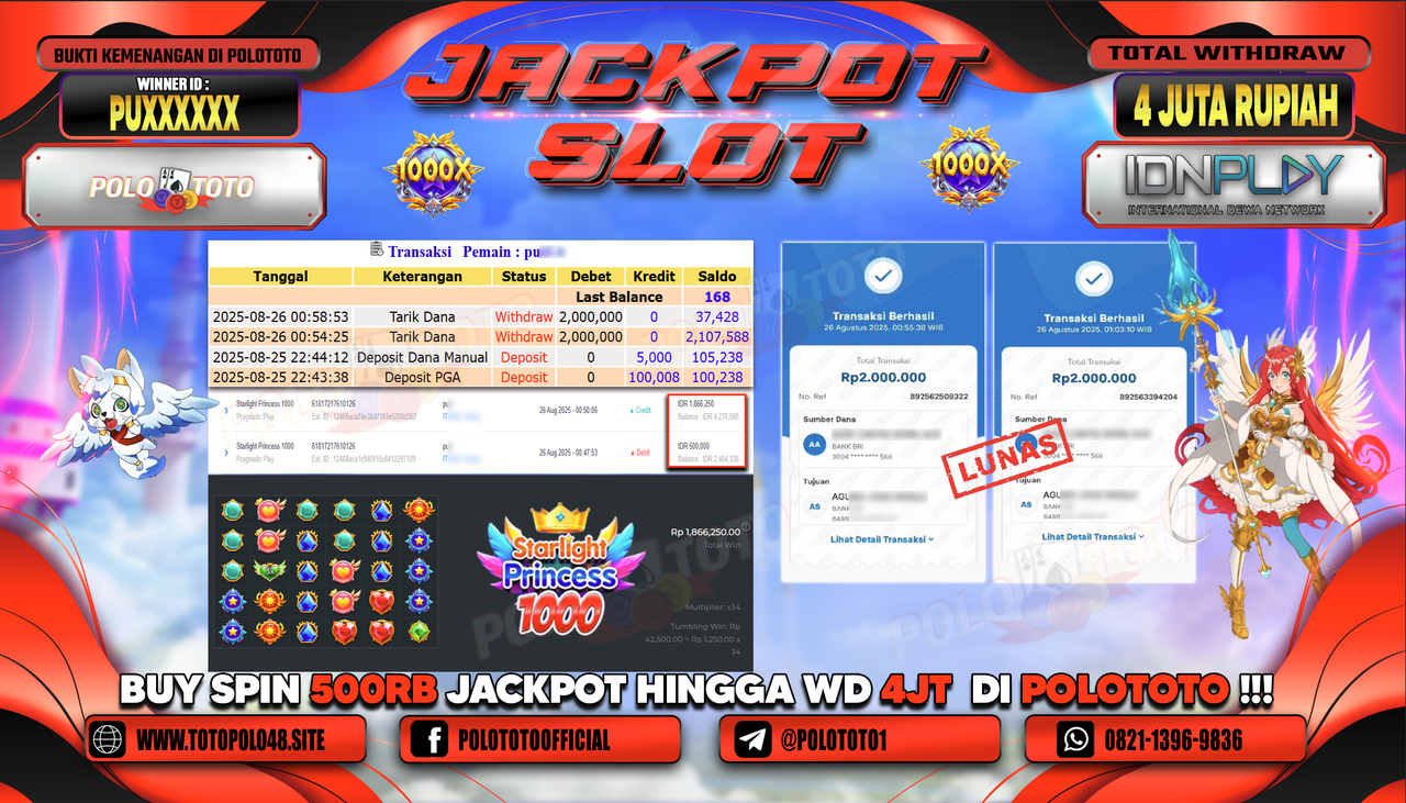 POLOTOTO JACKPOT SLOT STARLIGHT PRINCESS 1000 Rp.4.000.000,-
