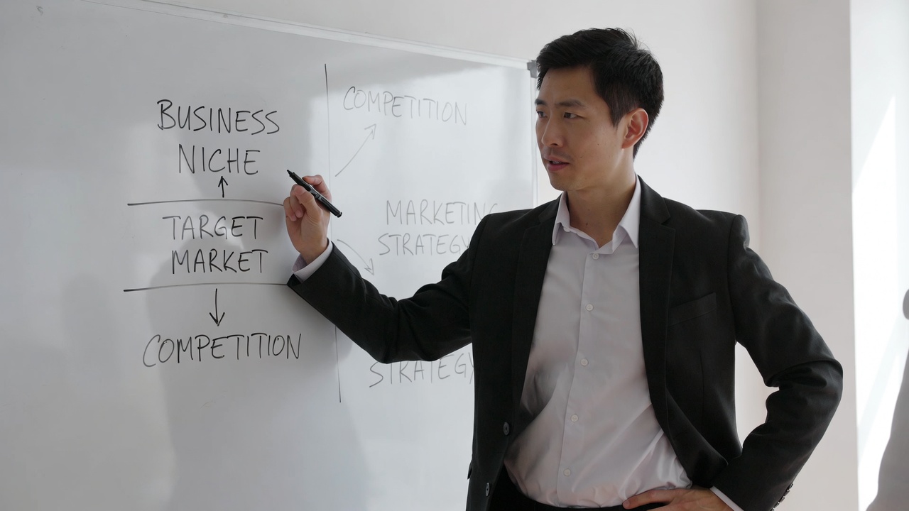 Consultant writing business niche and target market on a whiteboard during strategy session