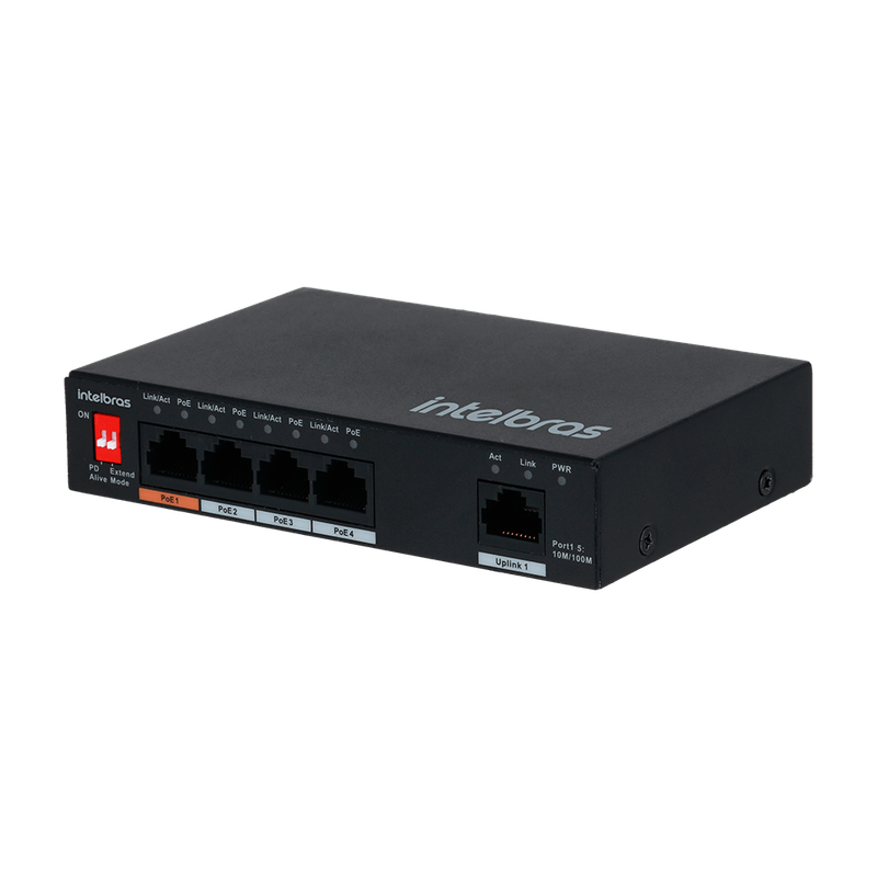 Outra vista do Switch Intelbras SF 500 Hi-PoE, destacando a qualidade de construção.