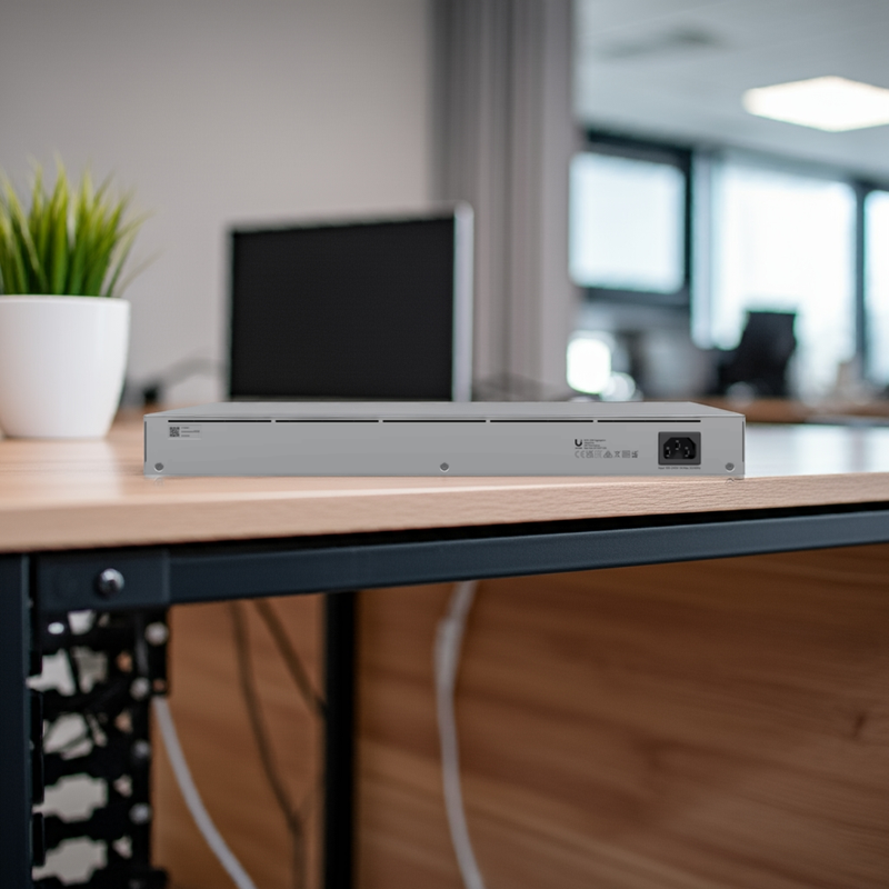 Switch USW-Aggregation instalado em um rack, mostrando seu design compacto