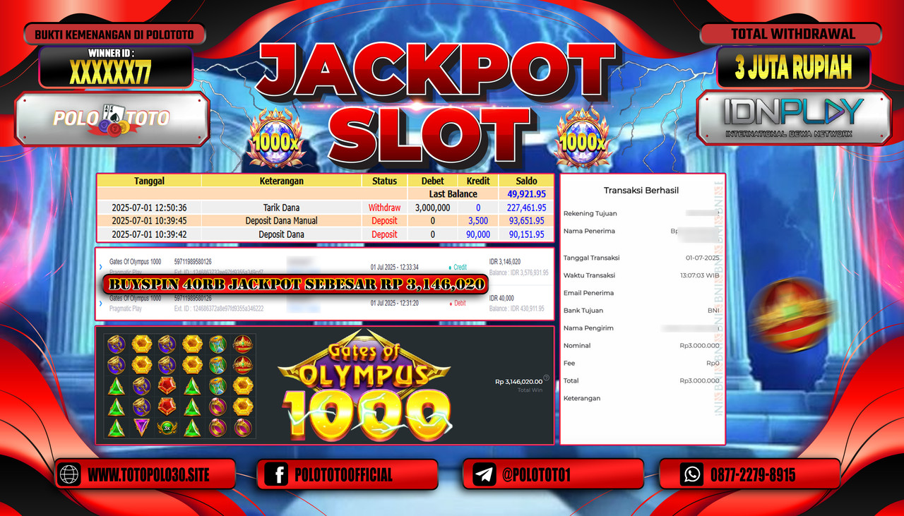 POLOTOTO JACKPOT SLOT GATES OF OLYMPUS 1000 Rp.3.000.000,- LUNAS