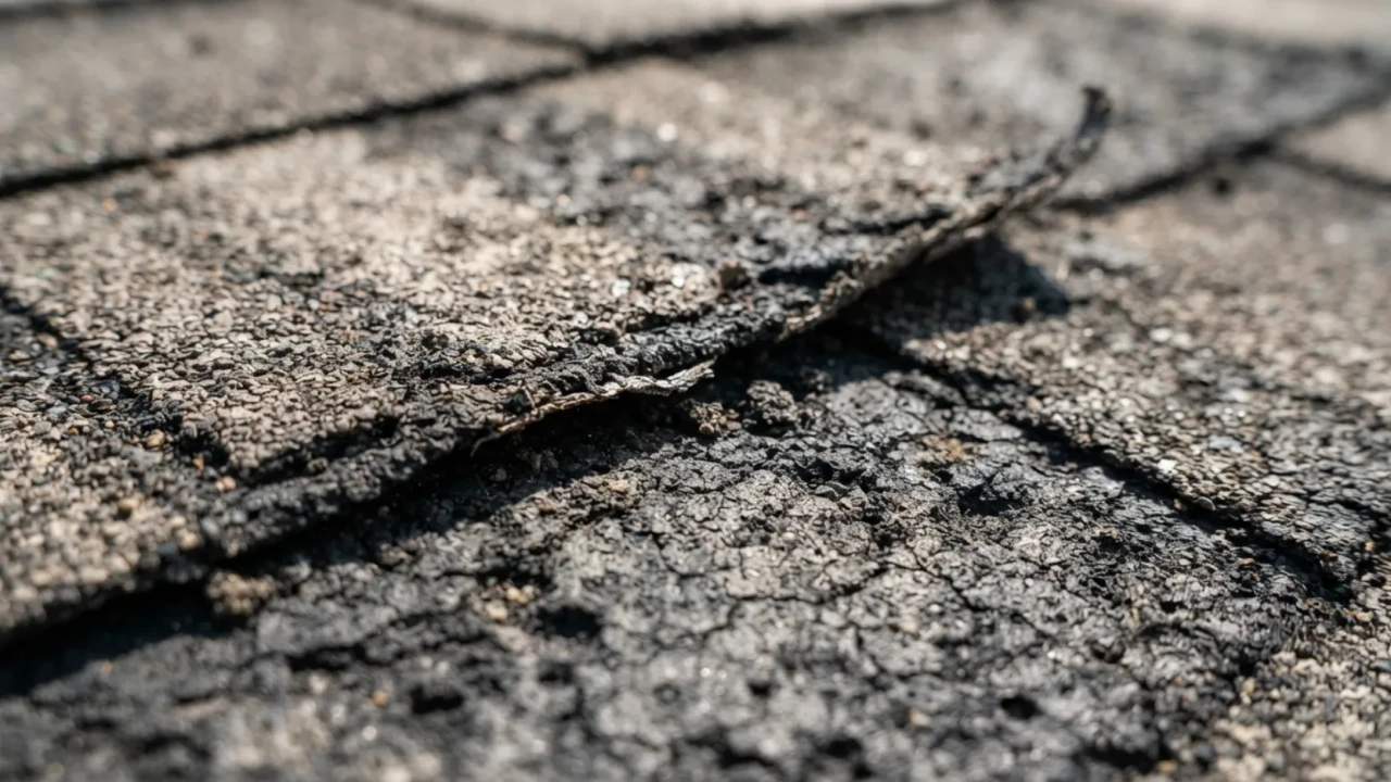 Old worn asphalt shingles showing granule loss and cracking San Antonio roof