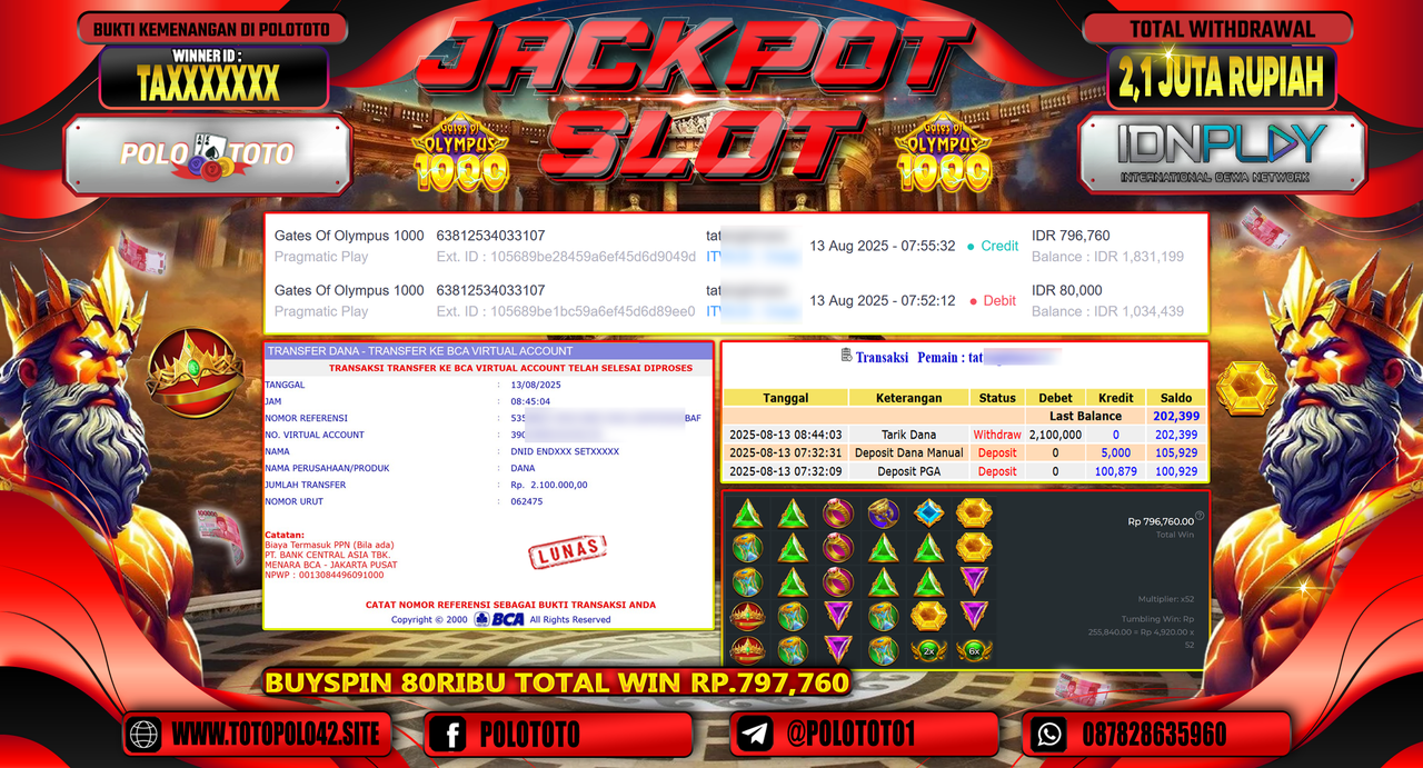 POLOTOTO JACKPOT SLOT GATES OF OLYMPUS 1000 Rp.2.100.000,-LUNAS