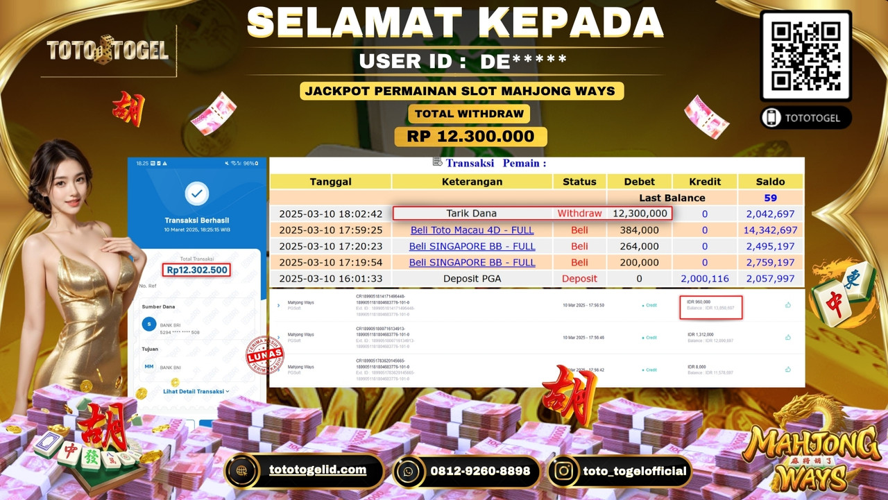 Bukti Pembayaran Jackpot  Permainan Slot Mahjong Ways ID:DE***** LUNAS