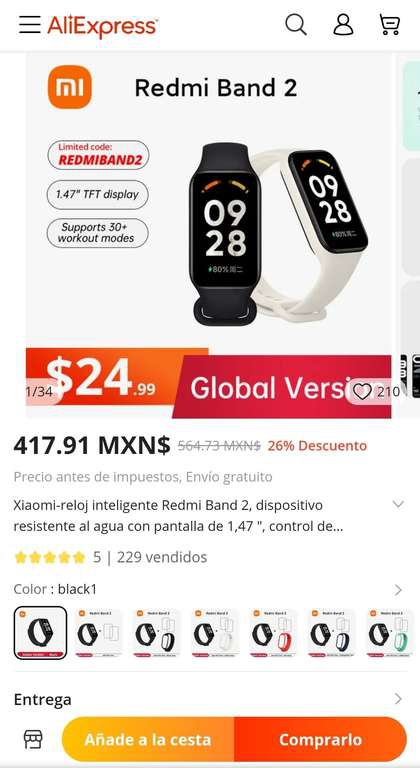 AliExpress: XIAOMI REDMI BAND 2 ( versión global ) 
