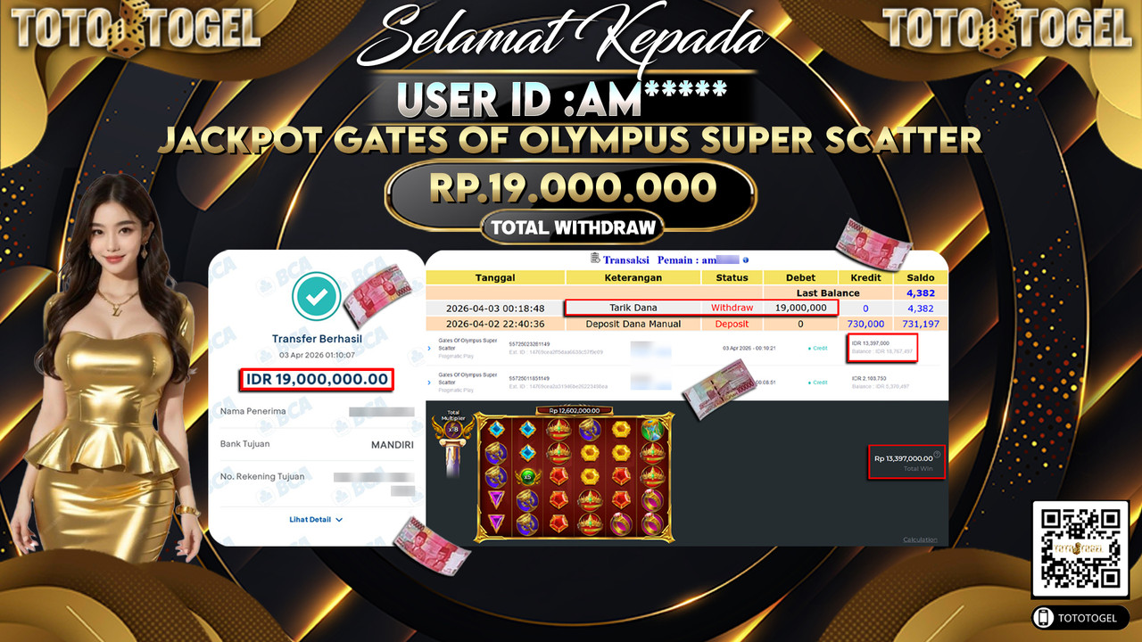 Bukti Pembayaran Jackpot Permainan Slot Gates Of Olympus Super Scatter ID:AM*****LUNAS
