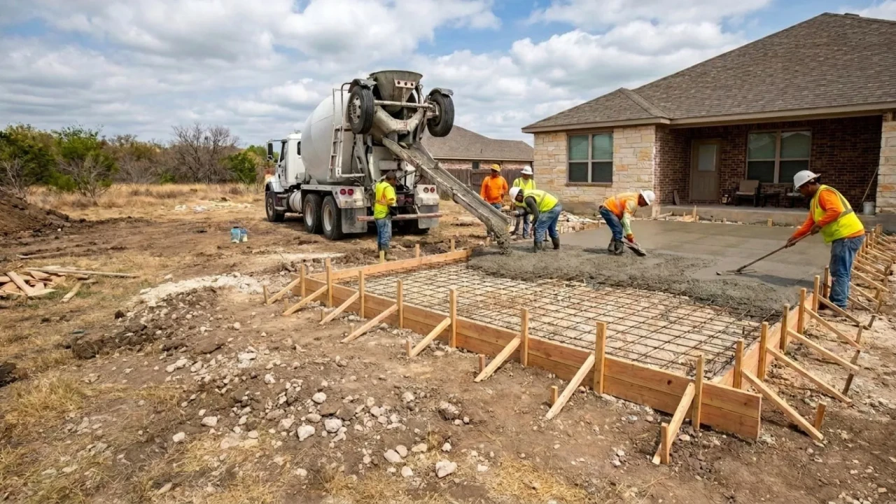 Affordable Concrete San Antonio crew pouring and screeding a new concrete patio slab in a residential San Antonio backyard — confirming the permit question with Development Services before work starts prevents a stop-work notice later