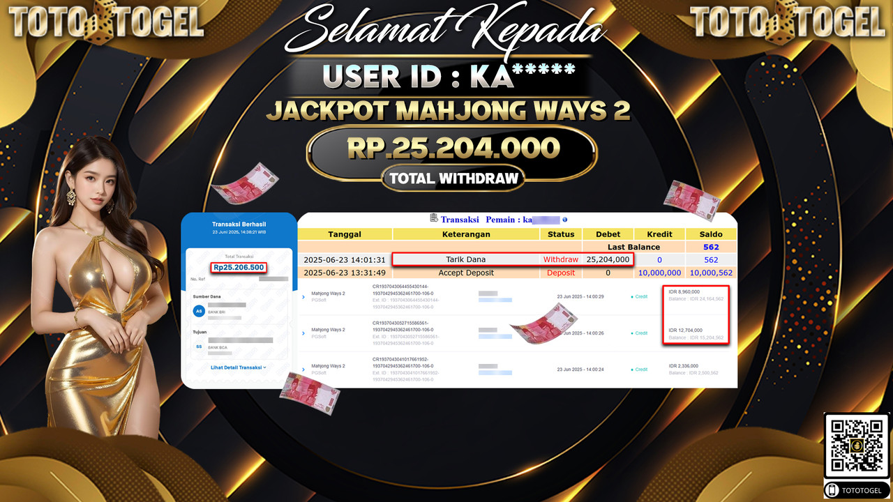 Bukti Pembayaran Jackpot Permainan Slot Mahjong Ways 2 ID:KA***** LUNAS