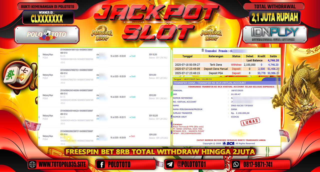 POLOTOTO JACKPOT SLOT MAHJONG WAYS Rp.2.100.000,- LUNAS